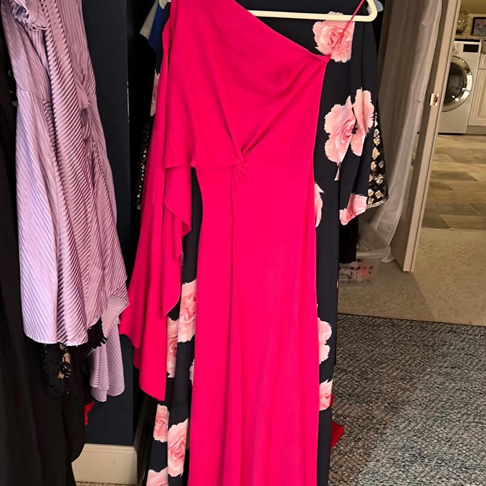 Brand NWT Zara long dress, dramatic one shoulder flutter sleeve hot pink dress